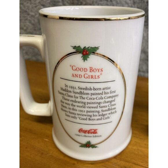 VTG 1996 Coca Cola Santa Gold Trim Mugs 2 Set Collectors Edition Christmas Mugs - Picture 5 of 12